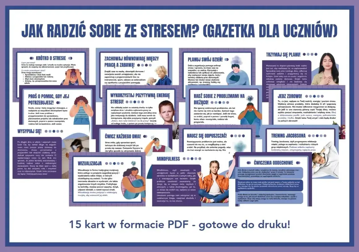 Jak radzić sobie ze stresem? Porady dla uczniów: planuj dzień, wysypiaj się, wizualizuj, ćwicz oddech, jedz zdrowo, by się uspokoić.