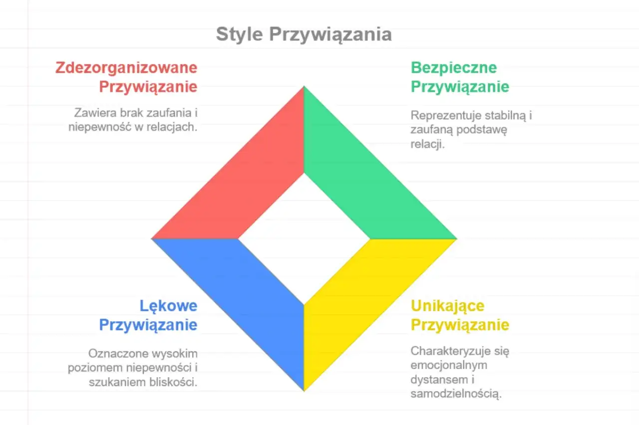 Diagram przedstawia style przywiązania: bezpieczne, lękowe, unikające i zdezorganizowane. Każdy styl opisuje inny temperament w relacjach.