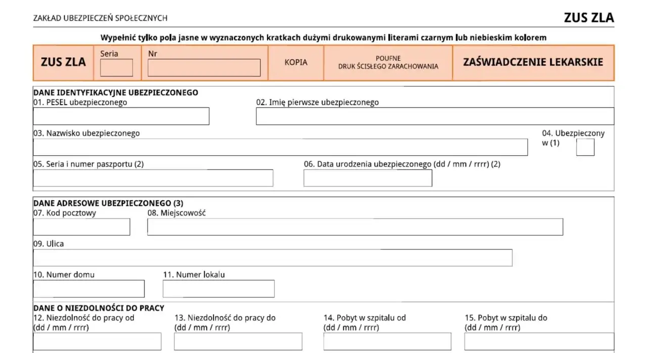 Formularz ZUS ZLA do wypełnienia. Czy psycholog może wystawić L4? Ten dokument to zaświadczenie lekarskie.