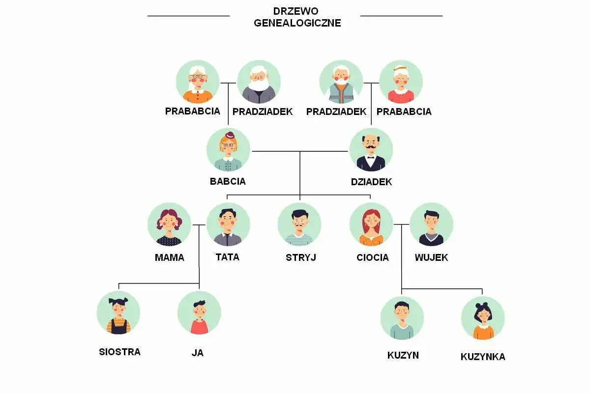 Drzewo genealogiczne ukazujące pokrewieństwo od pradziadków po wnuki.