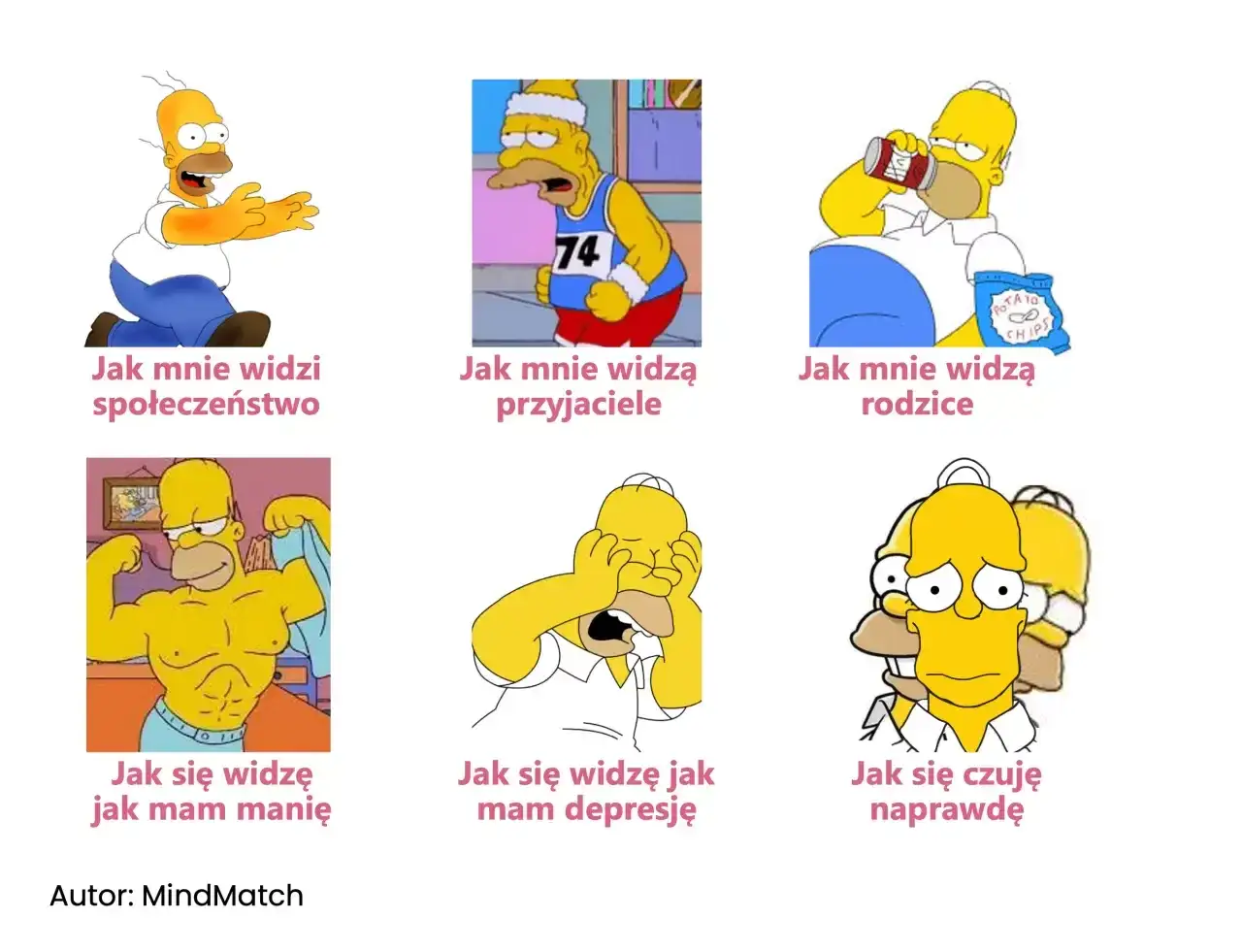 Homer Simpson w sześciu odsłonach, ilustrujących różne postrzeganie siebie i rzeczywistości, odzwierciedlając stany związane z afektywną dwubiegunową.