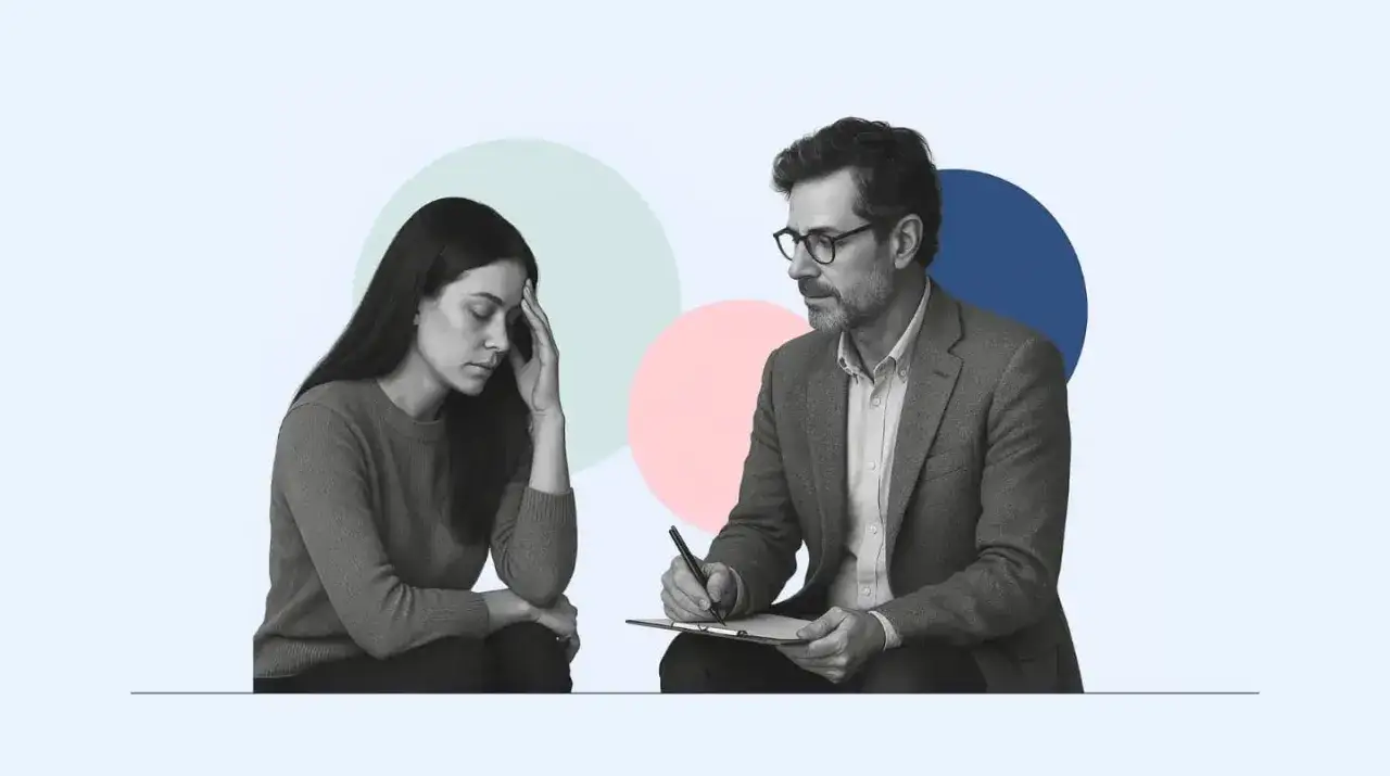 Kobieta w gabinecie terapeuty, z ręką na czole, słucha uważnie. Różne nurty psychoterapii pomagają w odnalezieniu spokoju.