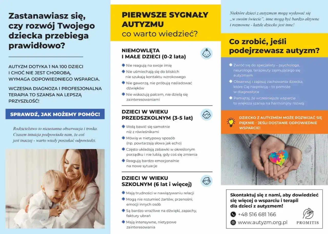 Matka tuli uśmiechnięte dziecko. Ulotka informuje o pierwszych sygnałach autyzmu, podając objawy w zależności od wieku. Wskazuje, jak pomóc, gdy podejrzewasz autyzm u dziecka.