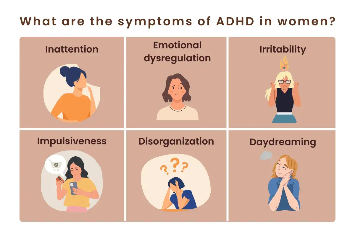 Objawy ADHD u kobiet: roztargnienie, trudności z emocjami, drażliwość, impulsywność, dezorganizacja i marzycielstwo.