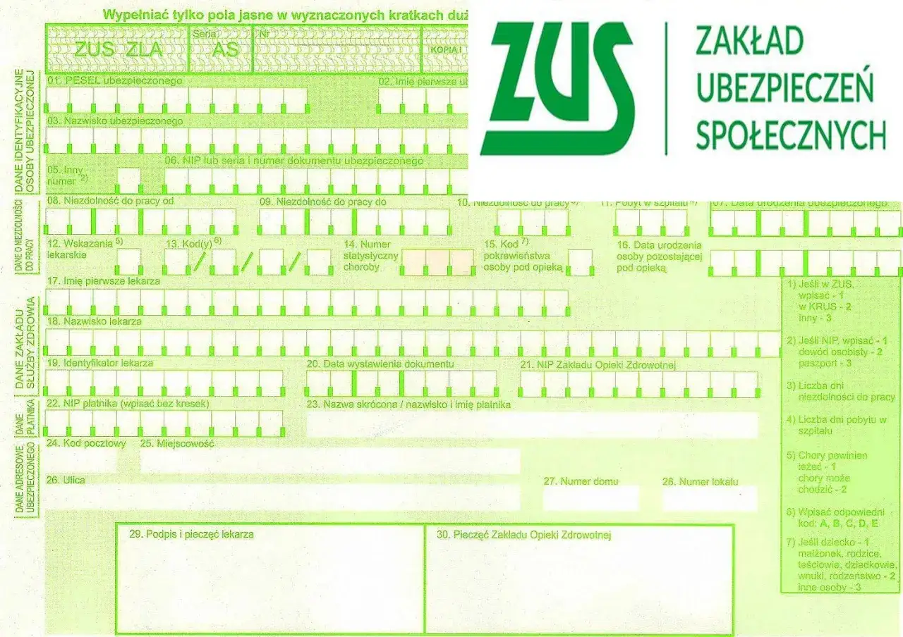 Formularz ZUS ZLA do zgłoszenia niezdolności do pracy, z zaznaczonym polem