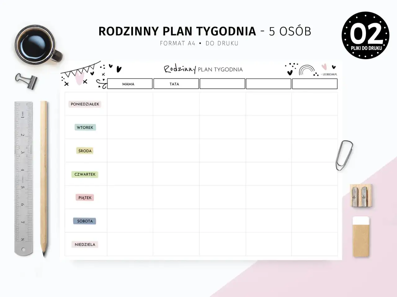 Aktywni rodzice w pracy planują tydzień dla 5 osób. Tabela z dniami tygodnia i miejscem na wpisanie zadań dla Mamy i Taty.