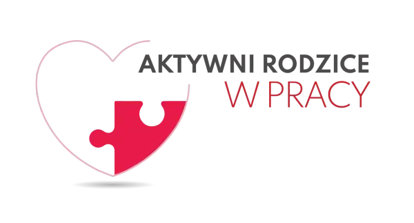 Logo z sercem i elementem układanki. Napis: AKTYWNI RODZICE W PRACY.