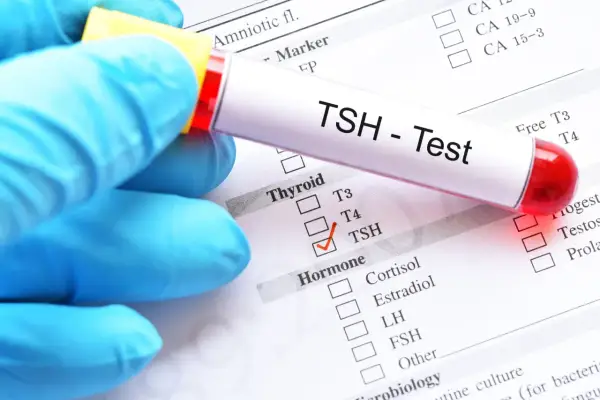 Rękawiczka trzyma probówkę z napisem "TSH - Test". Obok zaznaczono TSH na liście badań hormonalnych, co może być istotne w diagnostyce tsh w ciąży.