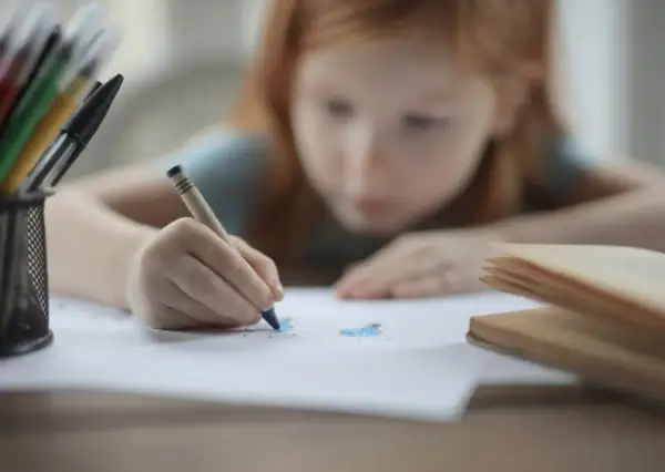 Dziewczynka z rudymi włosami rysuje kredką, rozwijając swoją samoświadomość poprzez twórczość.